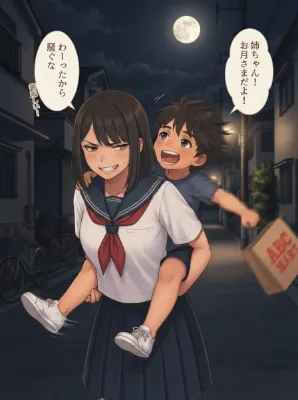 買い物帰りに満月を見てはしゃぐ弟と早く帰りたい姉