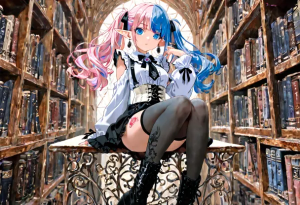 書架の回廊、双彩の髪に沈む誓い