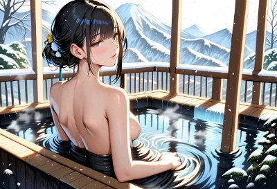 雪見の湯に浸る美女(冬)