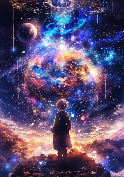 宇宙の魔法を見る背中