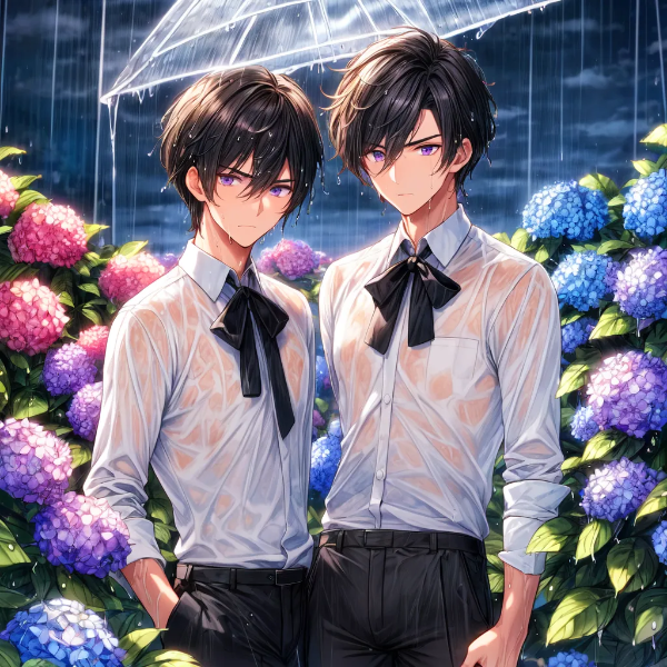 【R15】Ｙシャツを着た黒髪短髪男性二人と紫陽花＊(5枚)