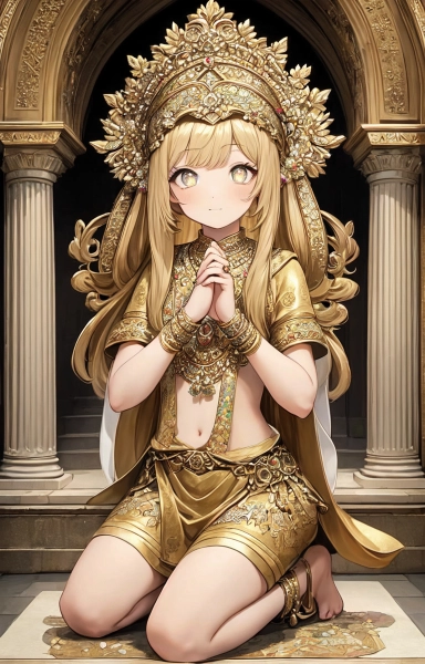 神殿で祈りを捧げる金色の髪の少女