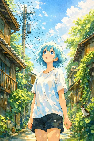 青髪少女の夏空散策