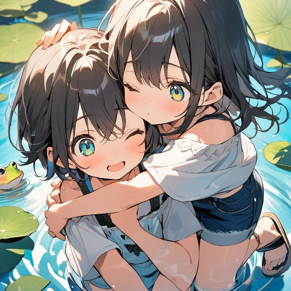 イチャつく2人とそれを見ているカエルさん