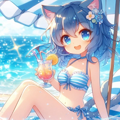 海辺のリゾートにやってきた青髪猫耳さん