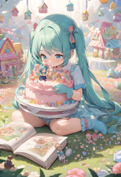 大きなケーキと本読みをするミクちゃん