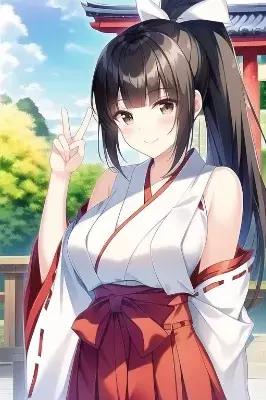 鳥居の前でピースする巫女ちゃん