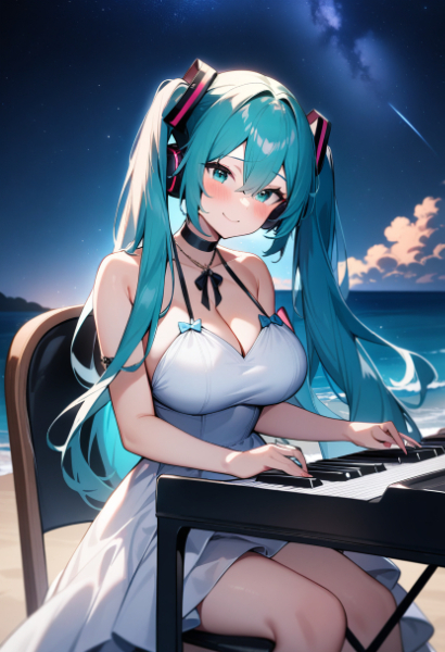 今日は初音ミクの誕生日🎉🎂初音ミク🎤のビーチ🏖でピアノ🎹を弾いている姿(5枚❗)