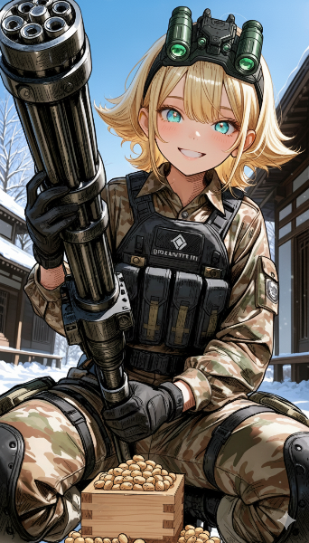 雪降る寺院のガンナー少女