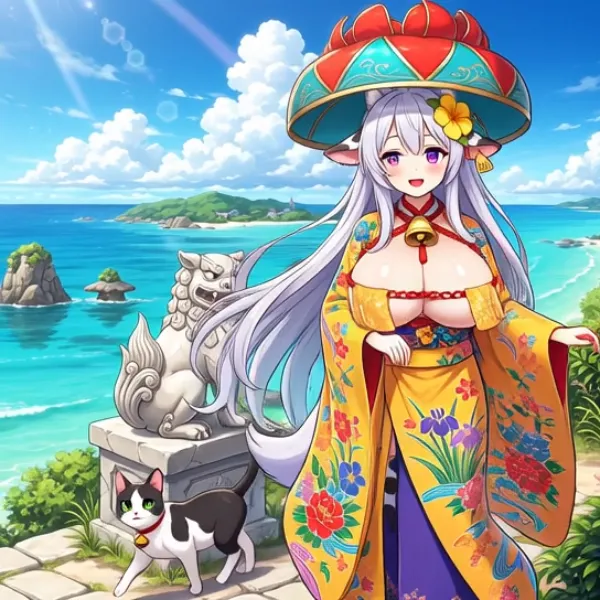 沖縄観光を楽しむ牛柄さん