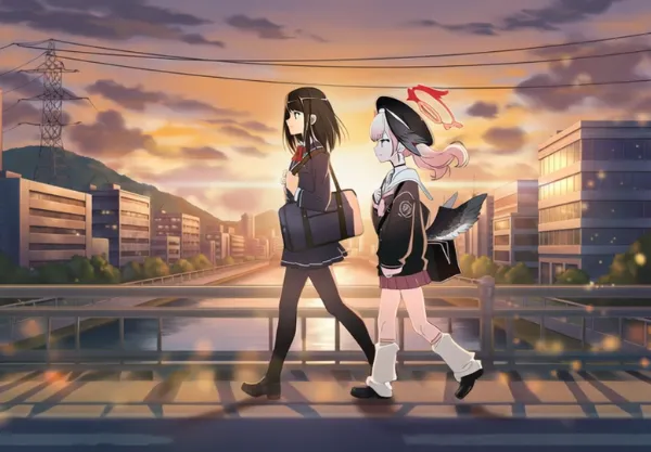 動画で夕焼けの中で帰宅で一緒に歩く2人のコハル