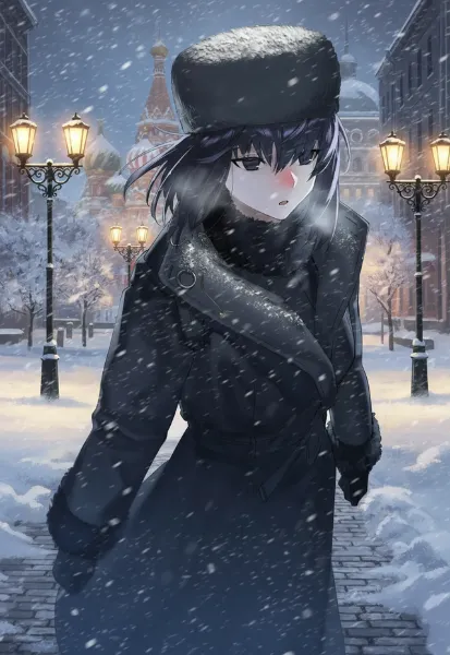 夜の吹雪が吹く街中で歩く冬服の久遠寺有珠❄️