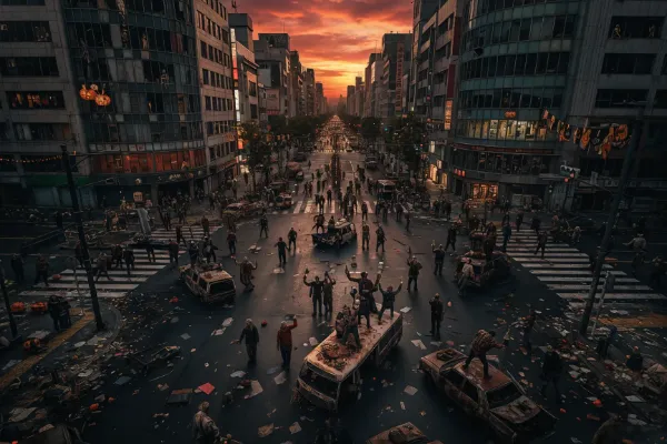 夕焼けに染まる渋谷の反乱