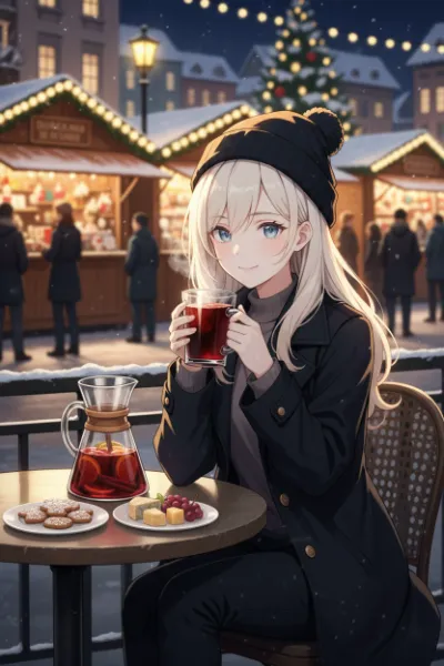 冬夜のマーケットで温かな一杯