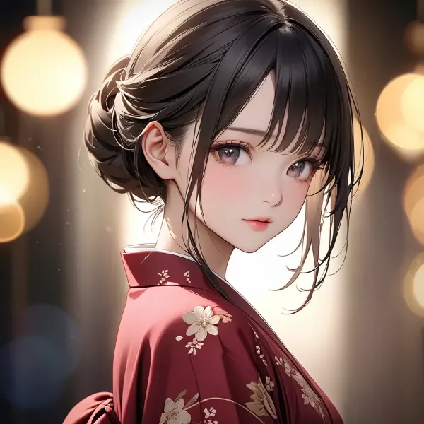 灯火に浮かぶ着物美人