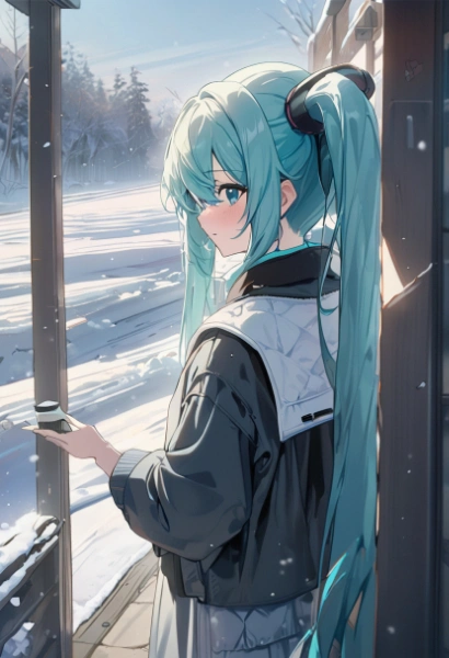 振り向き冬の朝のミクさん