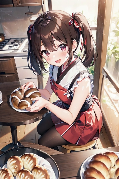 和装の彼女と焼きたてパン