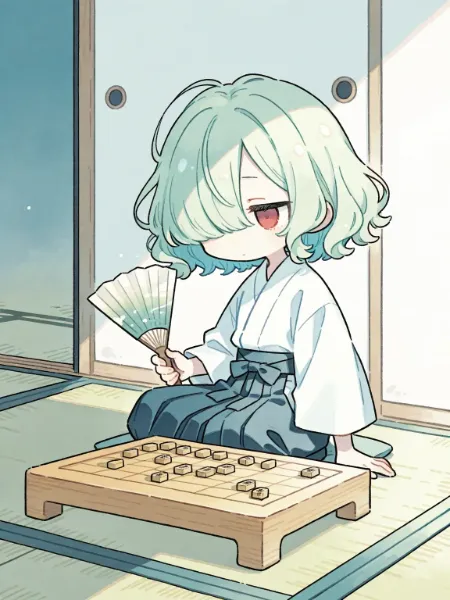 扇子と将棋の青髪少女　(※緑髪)(※少年)