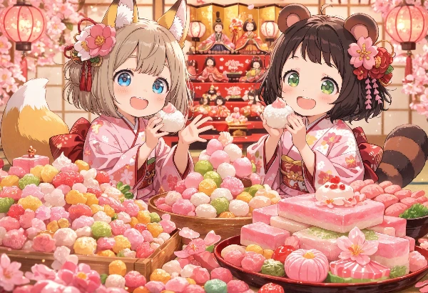 コン子とポン子・お菓子がいっぱいのひな祭り