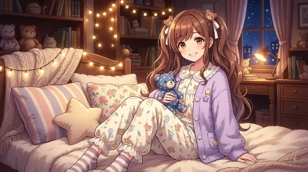 夜の部屋でテディベアを抱く女の子