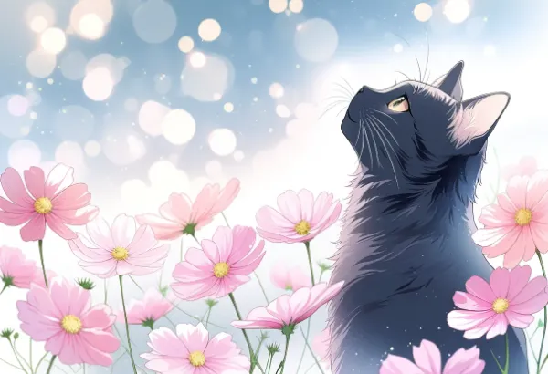 コスモス畑で空を夢見る黒猫の物語