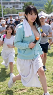 リレー競争はほぼ全員が一斉に公園を一周ずつ走ります。誰と競争してるか分からなくなるけど、それが楽し〜いw