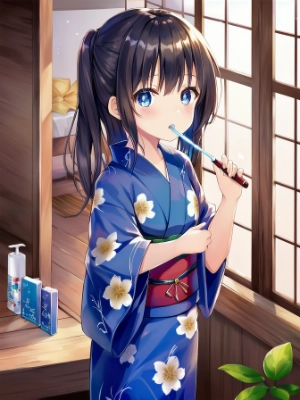 歯磨き中の浴衣っ子
