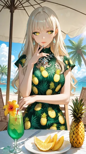 パイナップル柄ドレスの女性(8月17日 パイナップルの日）