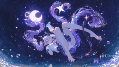 星の海でスマホを眺める角の少女 [made by Komiko]