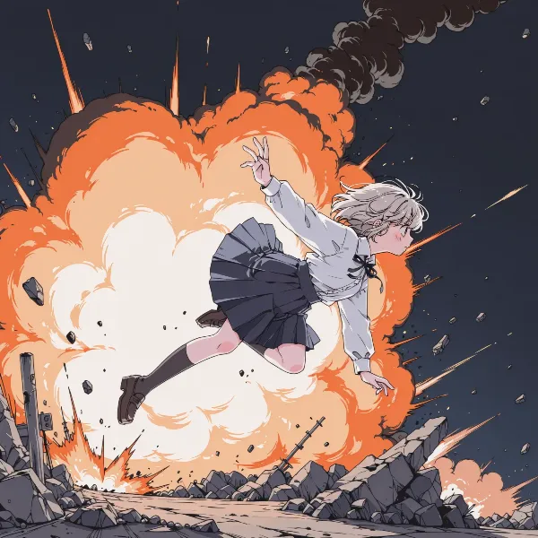 爆炎を背に舞う少女
