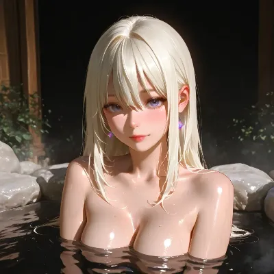 温泉に佇む白髪の美女