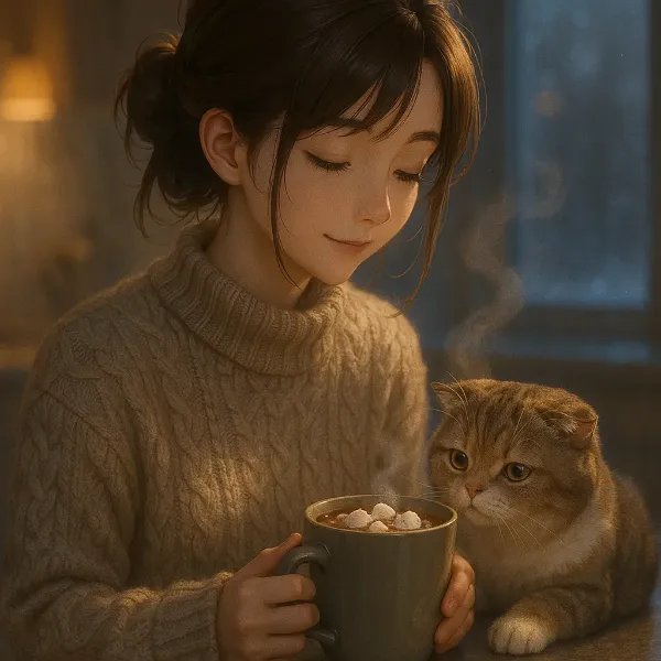 雪の夜に猫と温かな一杯