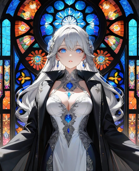 スタンドグラスを背景に立つ銀髪美女