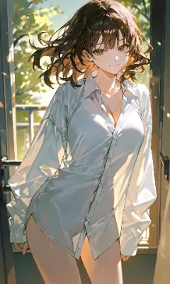 茶髪ミドルロングウェーブ　Yシャツ