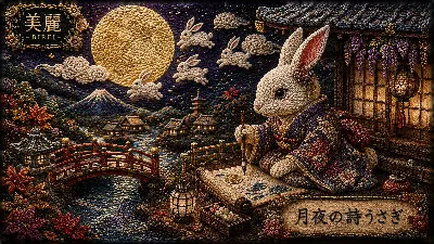 満月のもとで詩を綴るうさぎの幻想