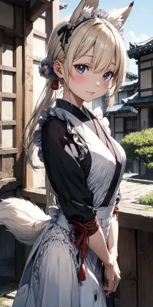 狐耳と狐尻尾の和メイドさん