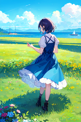 芝生を歩く少女と綺麗な青空
