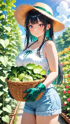 夏野菜の日、夏の菜園で微笑む収穫の少女