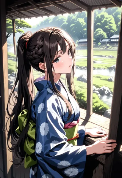 夏の縁側で佇む浴衣美人