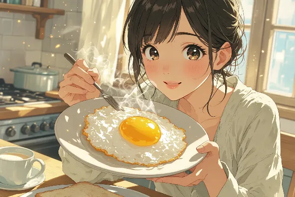 朝陽に輝く目玉焼きの朝食タイム