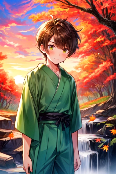 滝と紅葉とブラウン髪少年の少年（7枚）レトロモダン街シリーズ60