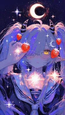 星空に輝く苺を抱く角の少女