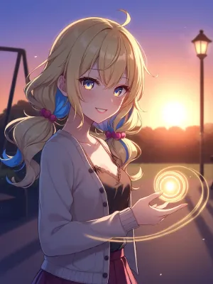 夕暮れの公園で輝く少女の魔法