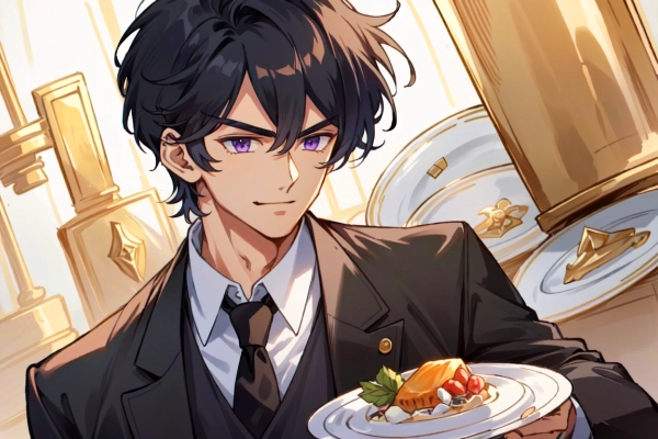 皿を運ぶ、ウェイターな黒髪短髪男性（16枚）