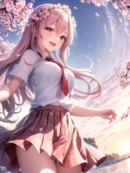 Cherry blossoms dancing in the sunset