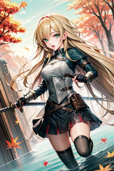 紅葉散る水面に立つ女騎士