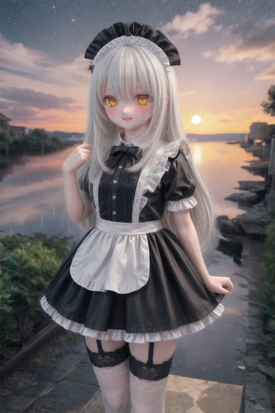 【雨と夕日とメイドの少女】