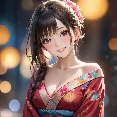 桜花を添えた赤い着物姿