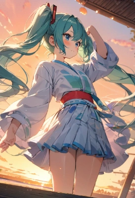 和服ミクと夕焼け空