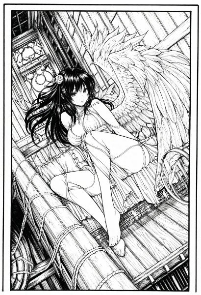 モノクロ_翼を休める黒髪の天使、海上の静かなひと時